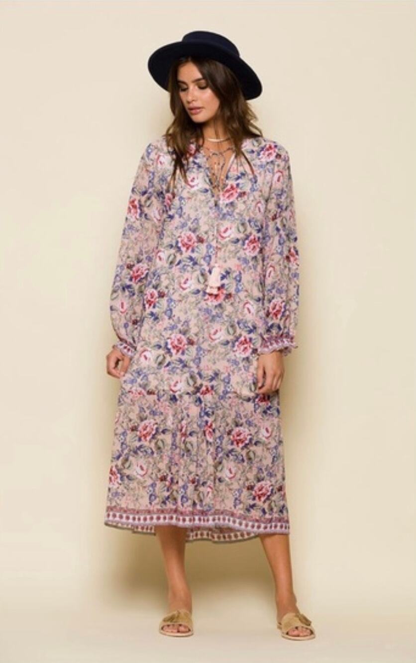 Raga Womens M Pink Ramona Floral Peasant Maxi Dress Light Sheer Silky Boho NWT